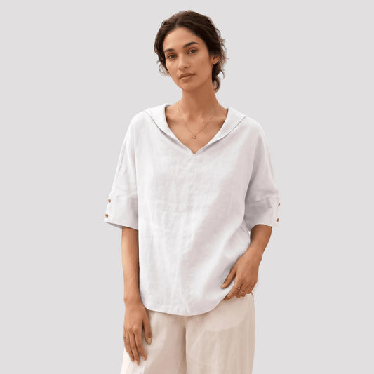 Women's V-Neck Linen Blouse - Relaxed Fit & Elbow Sleeves-Rilvana