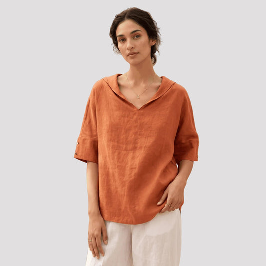 Women's V-Neck Linen Blouse - Relaxed Fit & Elbow Sleeves-Rilvana